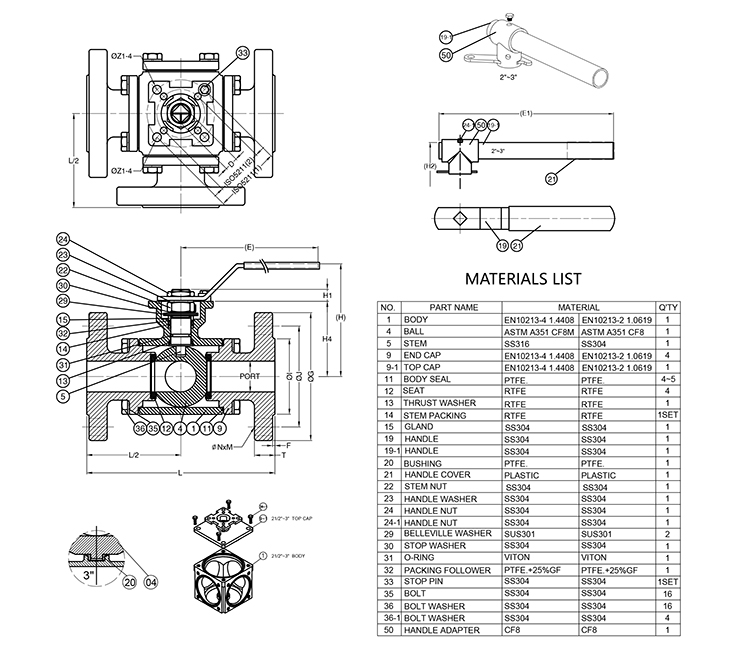 Drawing of ANSI/ASME Standard Three-Way Flanged Ball Valve