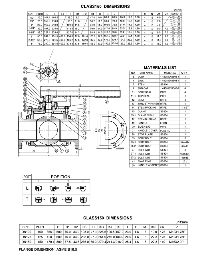 Drawing of ANSI/ASME Standard Three-Way Flanged Ball Valve
