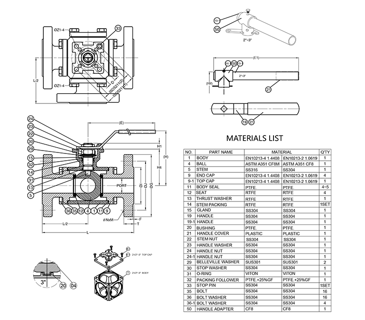 Drawing of DIN-standard Three-Way Flanged Ball Valve