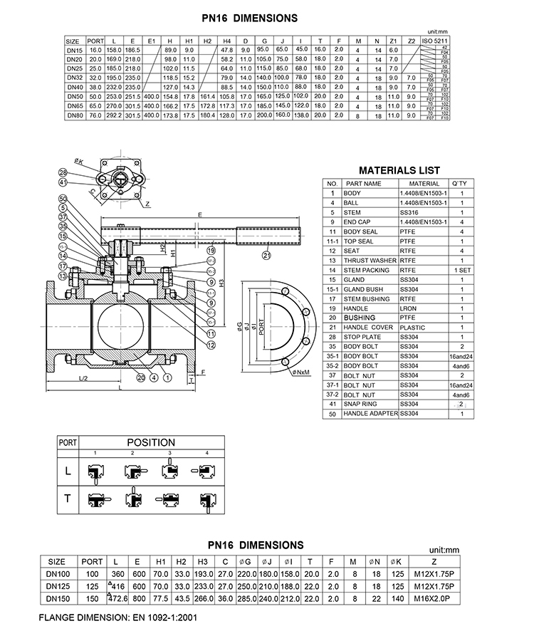 Drawing of DIN-standard Three-Way Flanged Ball Valve-1