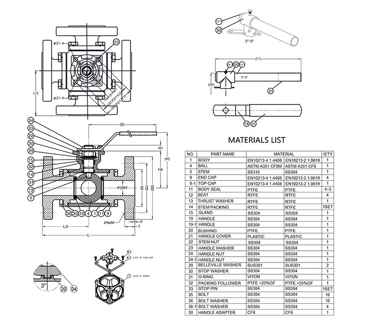 Drawing of Four Way Flanged Ball Valve