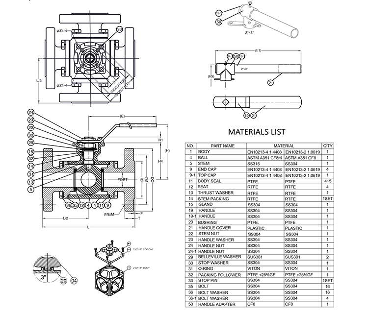 Drawing of DIN-standard Four-Way Flanged Ball Valve
