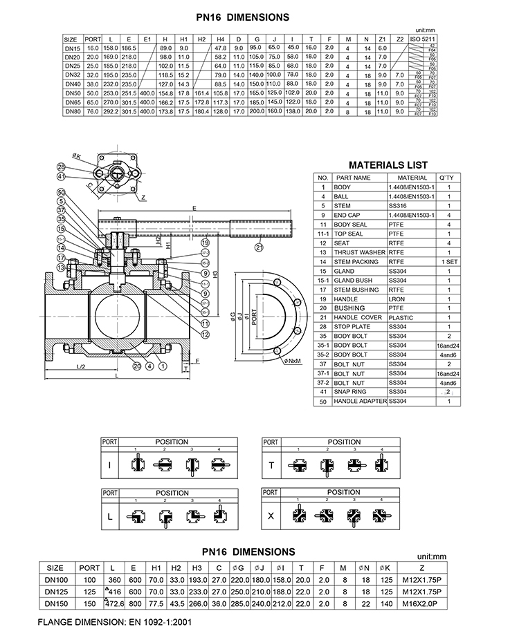 Drawing of DIN-standard Four-Way Flanged Ball Valve-1