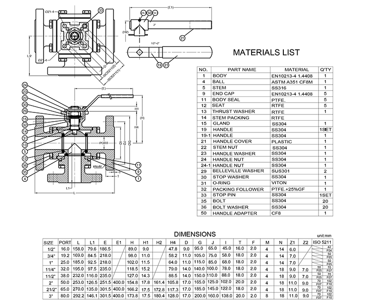 Drawing of four way ball valve