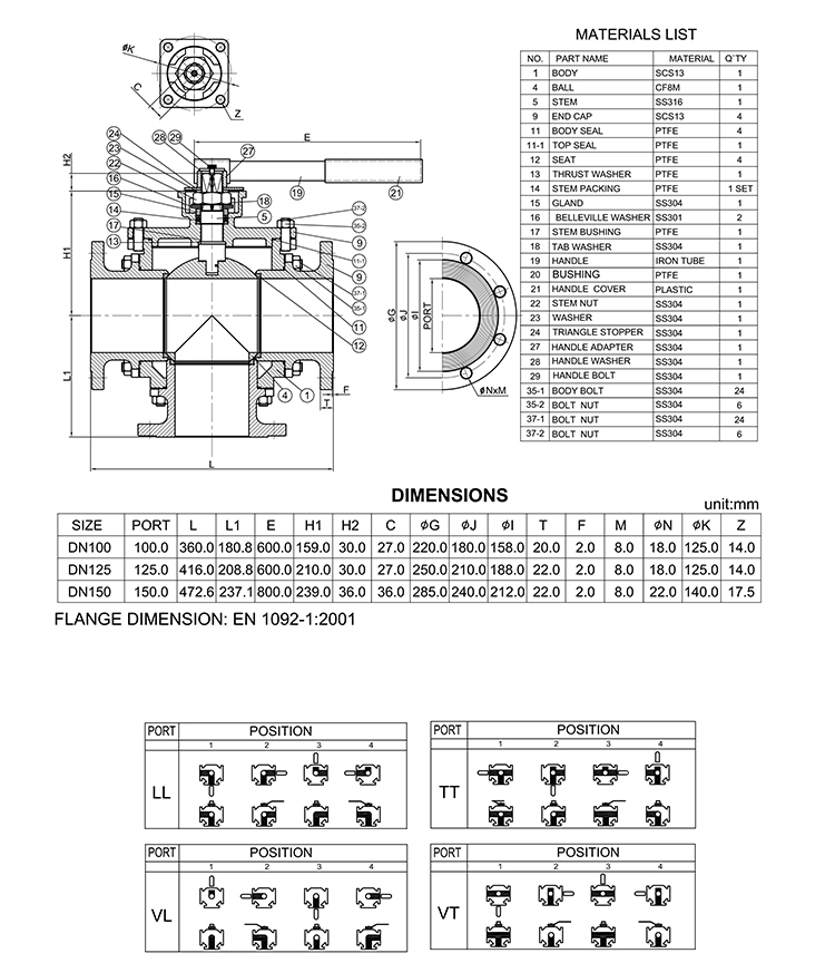 Drwaing of four way ball valve bv5b-4df-b