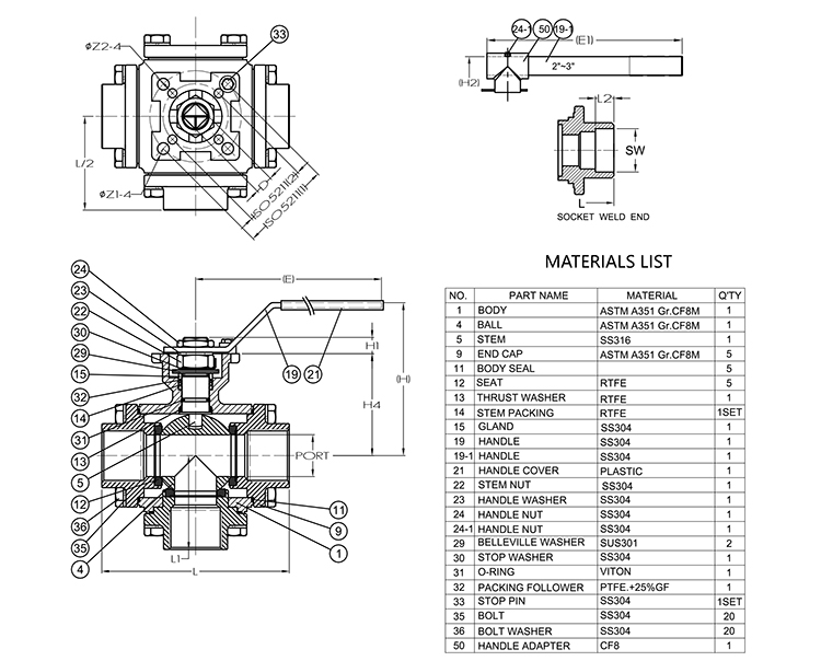 Drawing of four way ball valve