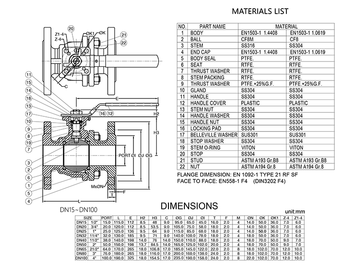 Drawing of DIN-standard flanged ball valve