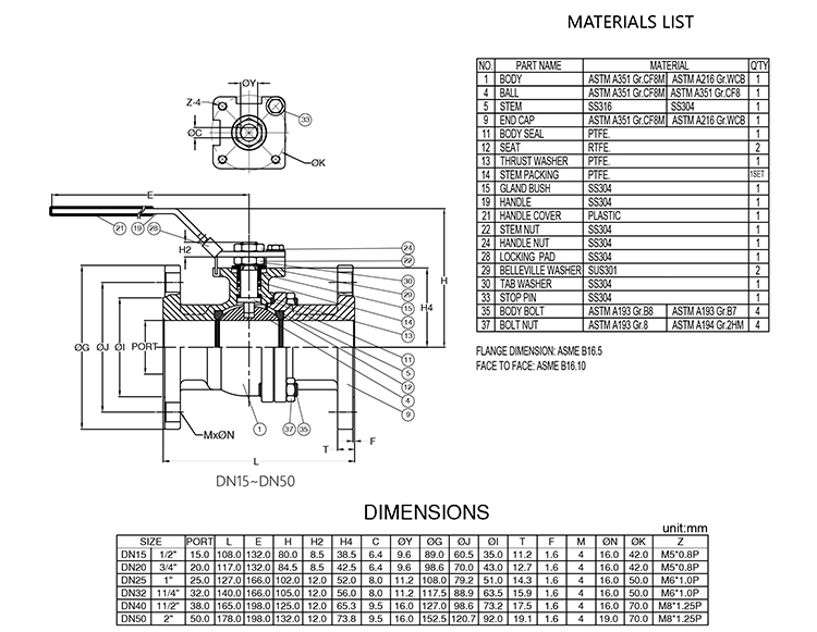 Drawing of ANSI/ASME 150 lb Flanged Ball Valve