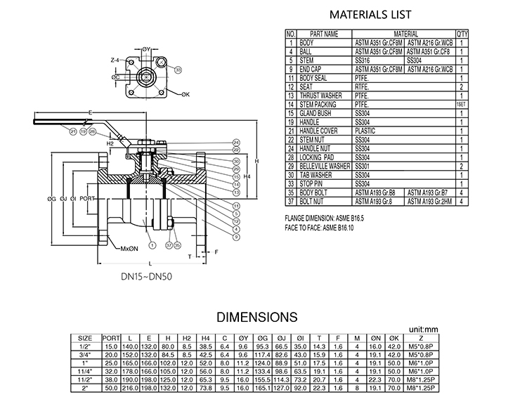 Drawing of ANSI/ASME 300 lb Class Flanged Ball Valve