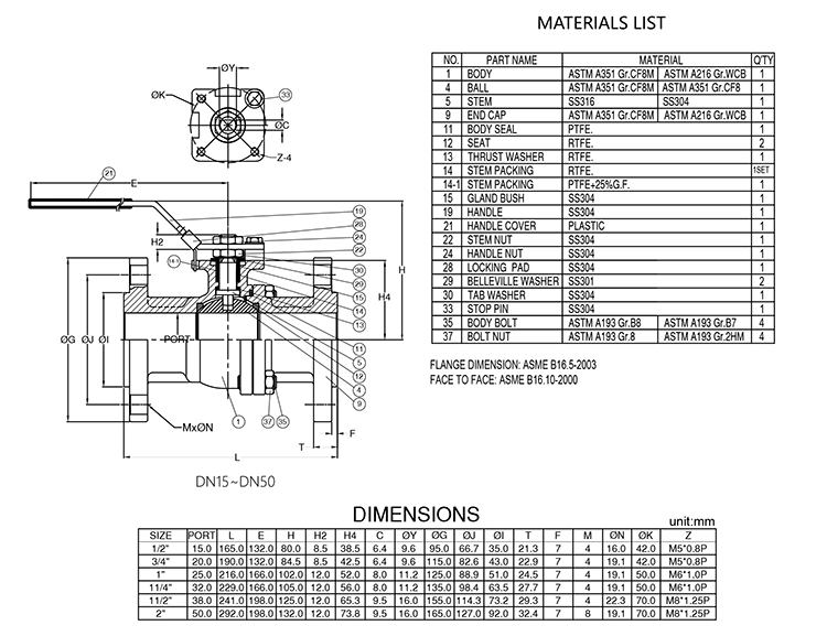 Drawing of ANSI/ASME 600 lb Class Flanged Ball Valve