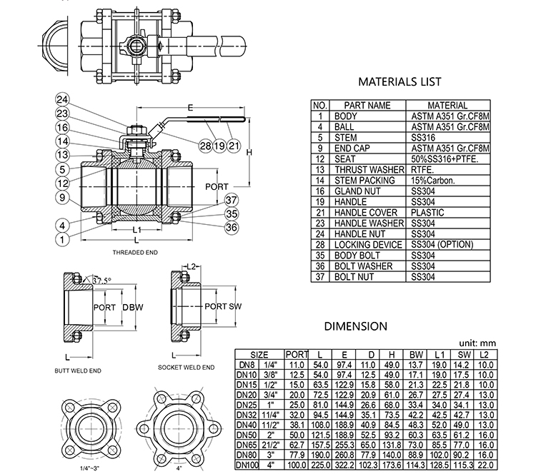 SIMODI Three-piece Ball Valve Drawing Files