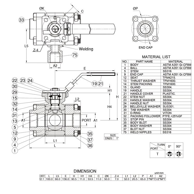 Drawing of three way ball valve bv4b-3dt